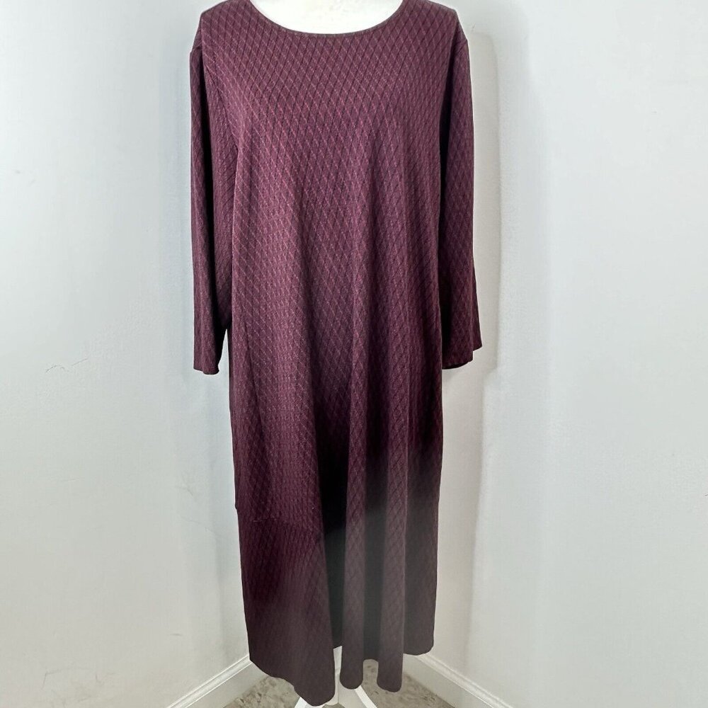 J Jill Ponte Knit Dress Maroon Black Diamond Pattern 3/4 Sleeves Knee Length 2X